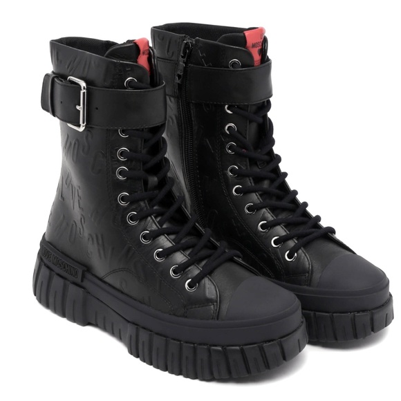 LOVE MOSCHINO Black Leather Moto Biker Boots--NEW--7 - Picture 1 of 15